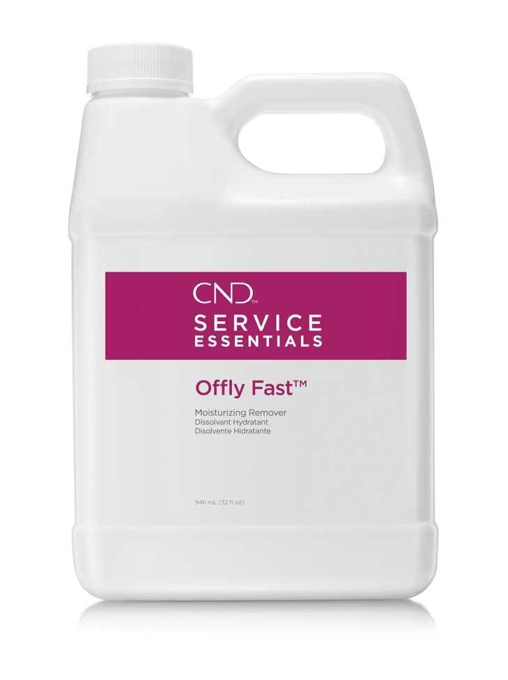 A white plastic jug labeled "CND Offly Fast 32oz" with a pink label, containing 946 ml (32 oz) of product.