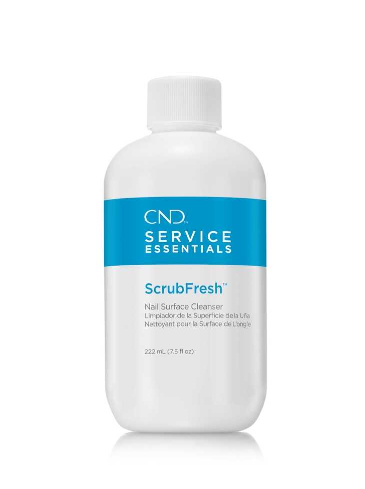 Sentence with Product Name: A bottle of CND Scrubfresh 8oz, labeled in English and French, against a white background.