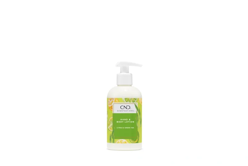 A bottle of CND Lotion 8.3oz Single, with a pump dispenser, featuring a citrus and green tea label, isolated on a white background.