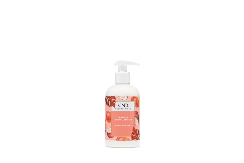 A bottle of CND Lotion 8.3oz Single (mango & coconut scent) with a pump dispenser, isolated on a white background.