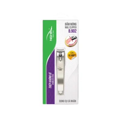 Packaging of the Nghia Nail Clipper NC-02 (B-902) in stainless steel displaying the price and brand information, primarily in Vietnamese.