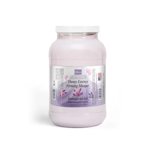 A large white plastic jar of "BeBeauty Honey Essen Firming Masque 4 Gal Case" with lavender-orchid labeling, isolated on a white background.