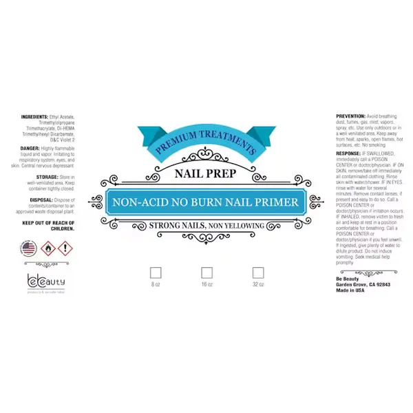 Label design for the BeBeauty NON-ACID No Burn Nail Primer 16oz; features text about BeBeauty NON-ACID No Burn Nail Primer 16oz benefits, blue and teal color scheme, decorative elements, and icons indicating various BeBeauty NON-ACID No Burn Nail Primer 16oz specifications.