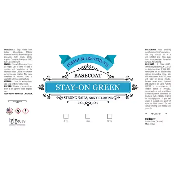 Label design for a 32 oz bottle of premium, non-yellowing BeBeauty Green Base Coat Stay-On nail treatment with intricate details, blue ribbons, and icons indicating product features.