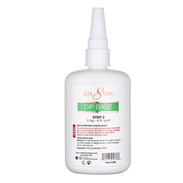 A white bottle labeled "Cre8tion Dip Essentials," part of the Cre8tion Dip Essentials, features a pointed nozzle cap. The bottle contains 4 fl oz (112 g) and includes instructions and ingredients listed on the back.