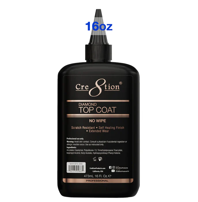 A black 16-ounce bottle of Cre8tion Diamond No Wipe Top Coat 16oz Refill, labeled as scratch-resistant, self-healing, and providing an extended wear finish.