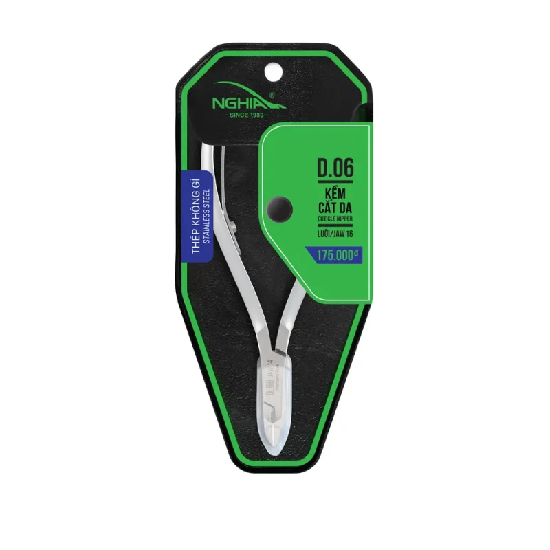 A pair of Nghia C-06 Cuticle Nipper (D-06) (Jaw 16) packaged on a green and black backing card with product information and pricing.