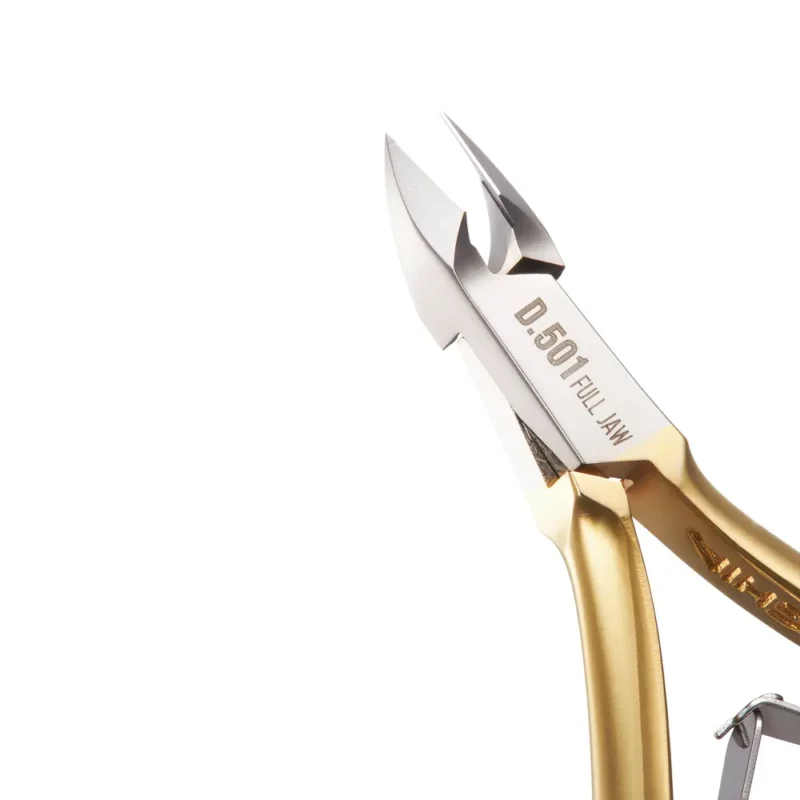 A close-up of the Nghia Cuticle Nipper C-118 (D-501) Jaw 16, with a cut nail, isolated on a white background.