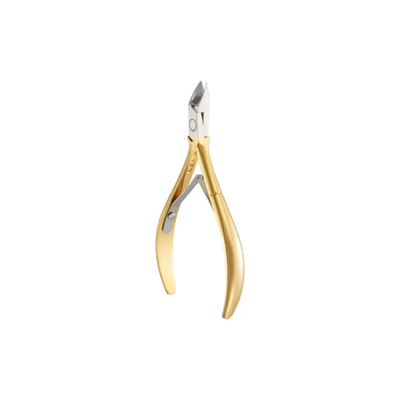 Gold-colored Nghia Cuticle Nipper D-501 Jaw 16 with a curved handle and an embedded nail file, displayed on a white background.