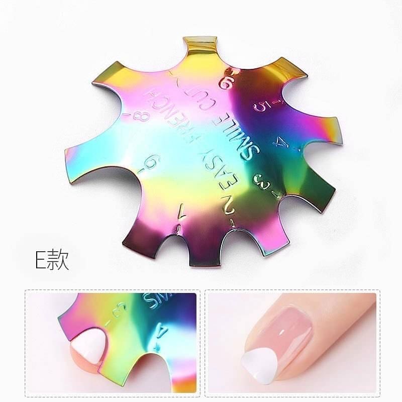 A rainbow-colored nail edge cutter, labeled "EZ Pink & White French Cutter," features numbered slots for creating perfect smile lines in French manicures. It is displayed alongside a demonstration on a fingernail with the text "E款.