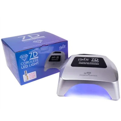 Box and device for Gel II Cordless Lamp 7D Diamond Edition, a nail curing light. The blue and white box displays the sleek silver Gel II Cordless Lamp 7D Diamond Edition with its vibrant purple light.