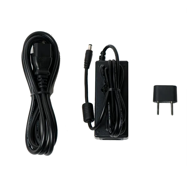 Three items are shown: a coiled power cord, a bundled adapter with attached cable, and a plug prong converter—all compatible with the Gel II Cordless Lamp 7D Diamond Edition.