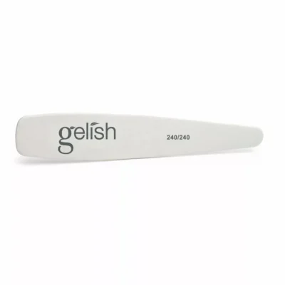 A white Gelish nail file with the text "Gelish 240/240" printed on it. This rectangular file features rounded edges, resembling the design and functionality of the Harmony Wood File 240/240 (100pcs).
