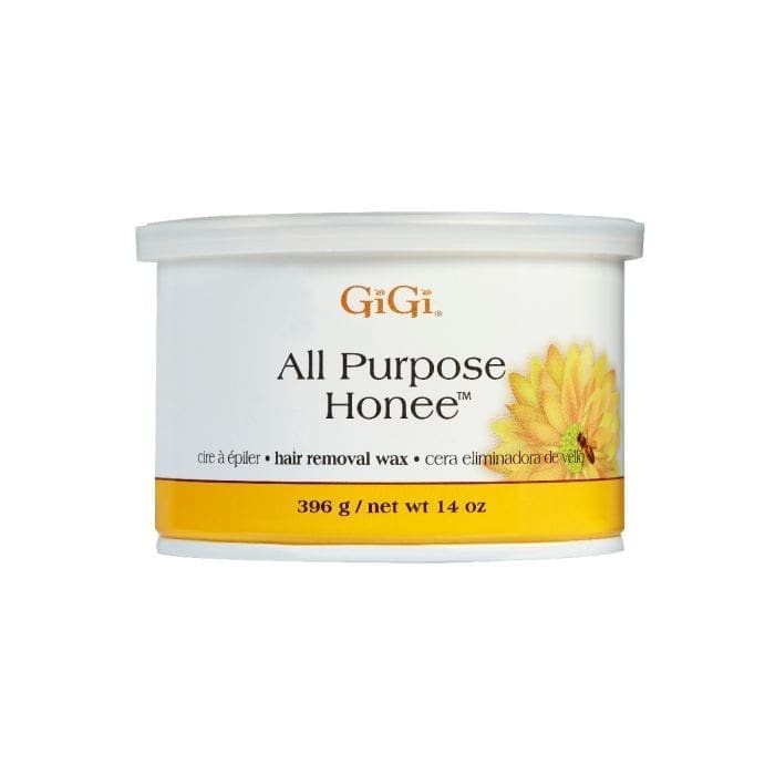 A 14 oz container of GiGi All Purpose Hard Wax 0332, labeled in English, French, and Spanish, with a weight of 396 grams. The container features a sunflower graphic.