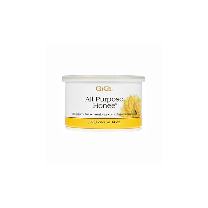 A white container of GiGi All Purpose Hard Wax 0332, 396 grams (14 oz). The container features a yellow floral design to the right.