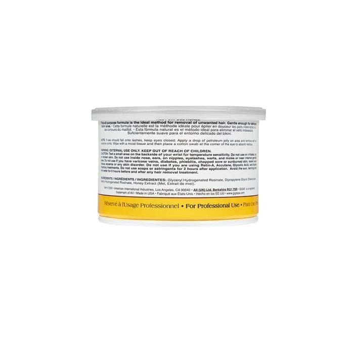 Plastic container with detailed product labeling, topped with a white lid and bottom part covered with a yellow band featuring usage instructions and ingredient list for GiGi All Purpose Hard Wax 0332.