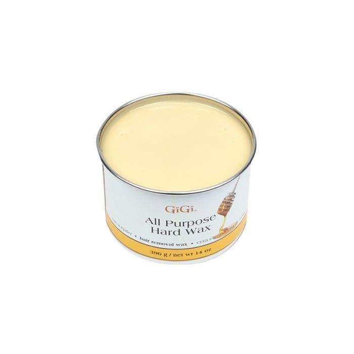 An open tin of GiGi All Purpose Hard Wax 0332, boasting 396 grams (14 ounces) of light-yellow wax designed for efficient hair removal.