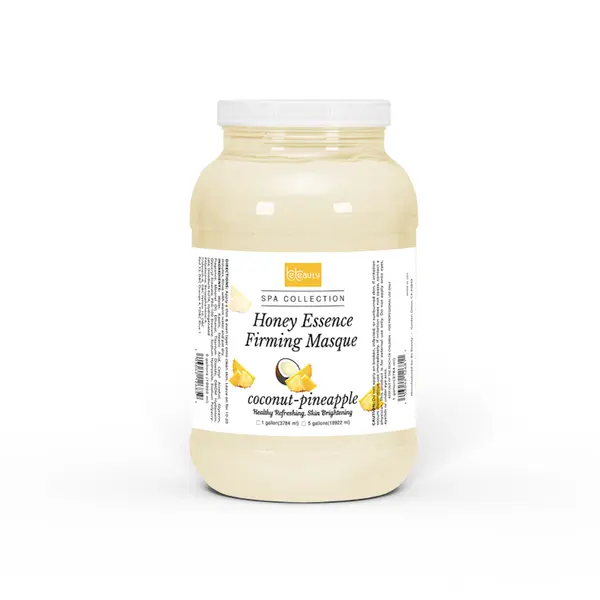 Jar of BeBeauty Honey Essen Firming Masque 4 Gal Case with coconut-pineapple, isolated on a white background.