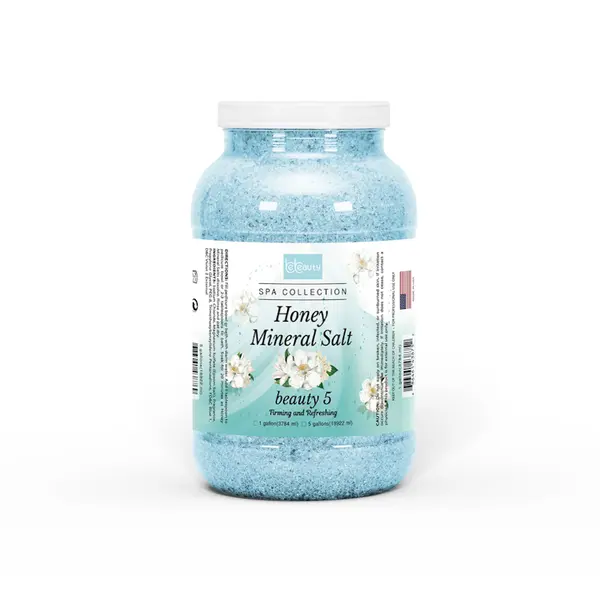 A jar of Bebeauty  Spa Honey Mineral Salt 1 Gallon from the spa collection, labeled for beauty and spa enjoyment, against a white background.