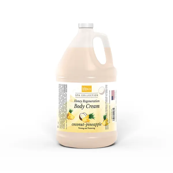 A gallon jug of BeBeauty Honey Regen Body Cream 1 Gal from the spa collection on a white background.