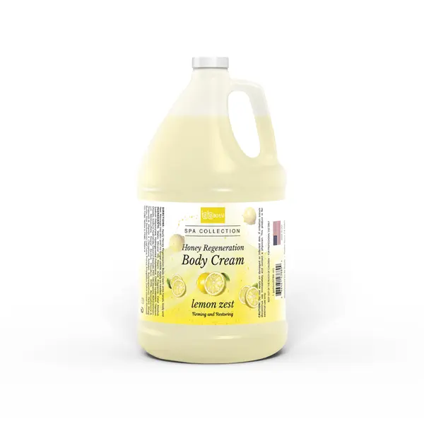 Large yellow bottle of BeBeauty Honey Regen Body Cream 1 Gal with lemon zest, isolated on a white background.