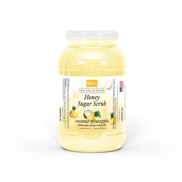 A jar of "BeBeauty Honey Scrub 1 Gallon" with coconut-pineapple, displayed against a white background.