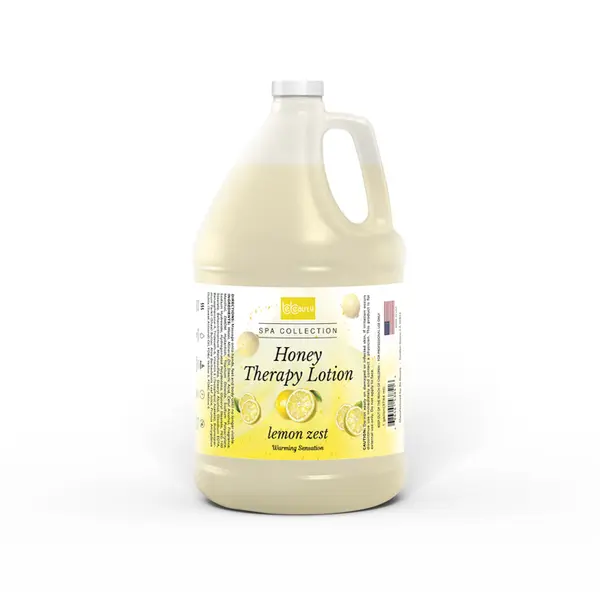 Plastic gallon jug labeled "BeBeauty Honey Regen Body Cream 1 Gal, Lemon Zest" on a white background.