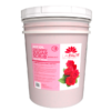 A pink 5-gallon bucket marked "Hot Oil Sugar Scrub Bucket (5Gal Bucket)" with images of roses and product details.