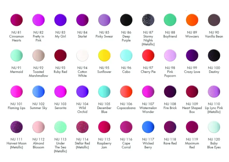 A chart of different colors of NuGenesis 2oz Dipping Powder Large.