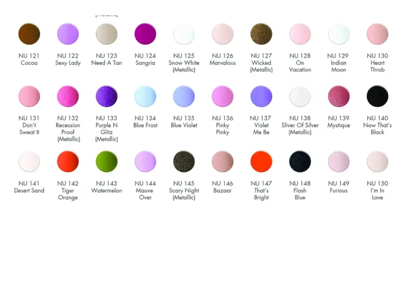 A chart showing the different colors of NuGenesis 2oz Dipping Powder Large.