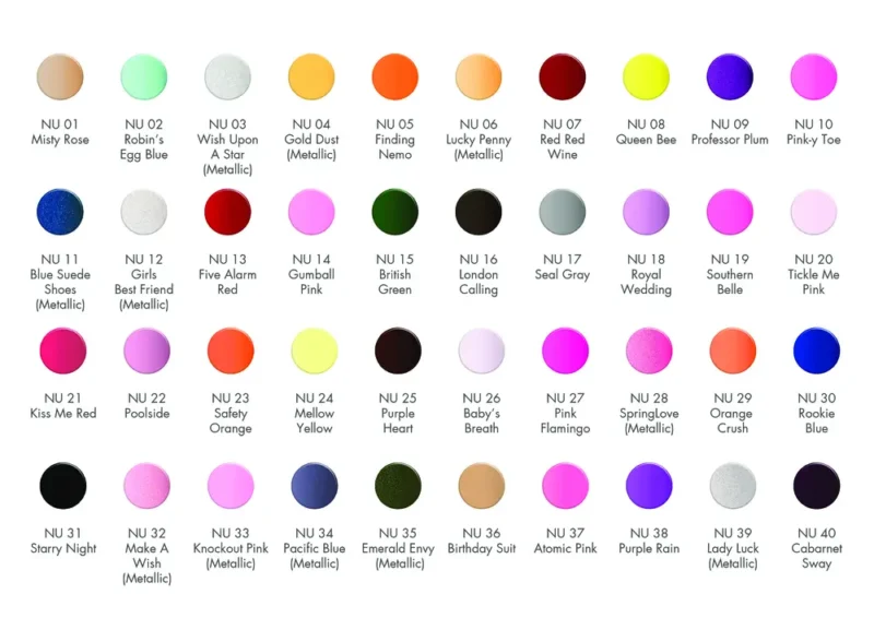 A chart displaying various nail polish colors from the NuGenesis 2oz Dipping Powder Large collection.