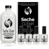 A product display featuring a large bottle labeled "Seche CLEAR Crystal Clear Base Coat 0.5oz" next to its box and four smaller nail polish bottles, all for professional salon use.