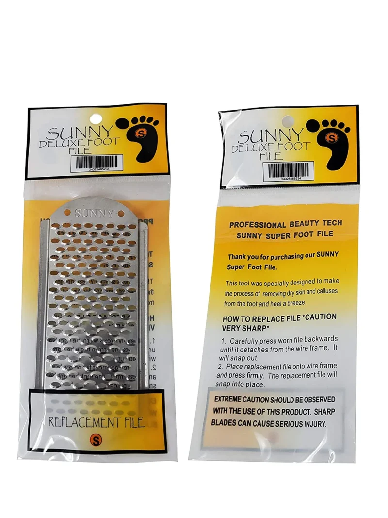 Two packages of Sunny Deluxe Foot File Replacement are shown, one displaying the metal file and the other with usage instructions. The text advises caution due to sharp blades and includes directions for Sunny Deluxe Foot File Replacement.