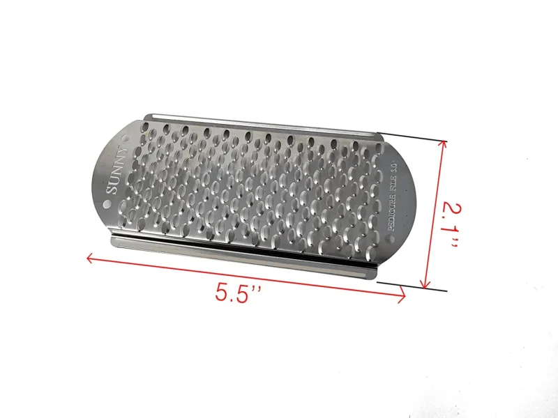 A Sunny Deluxe Foot File Replacement with dimensions marked as 5.5 inches in length and 2.1 inches in width, reminiscent of the precision found in a Sunny Deluxe Foot File Replacement. The brand "SUNNECKO" and text "STAINLESS STEEL 304" are visible on the grater.