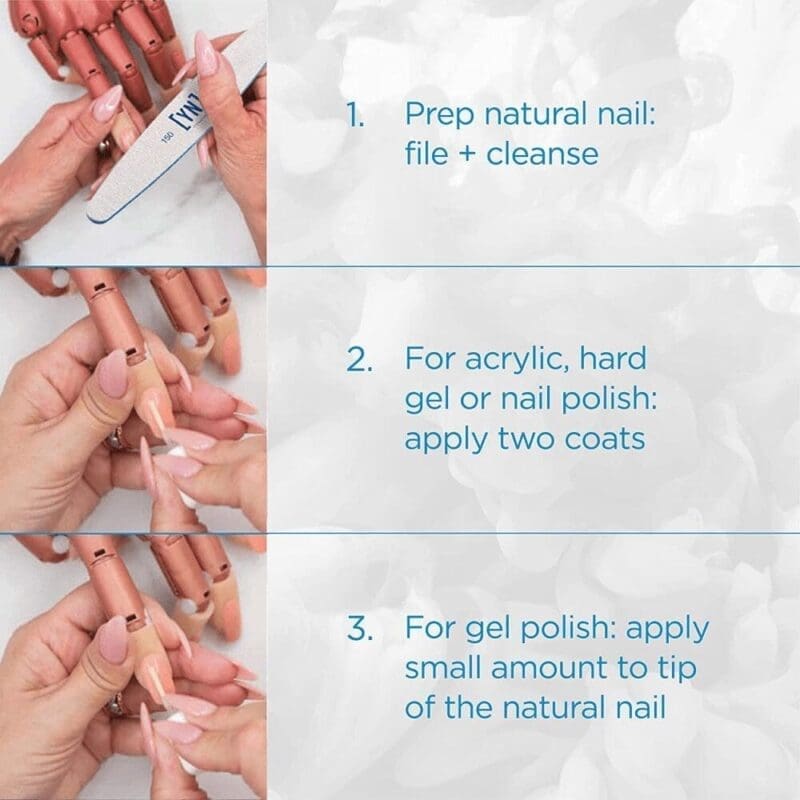 Step-by-step nail preparation: 1. File and cleanse natural nails. 2. Apply two coats for acrylic, hard gel, or nail polish. 3. Use Young Nails Protein Bond 0.25oz and apply a small amount to the tip of the natural nail for gel polish.