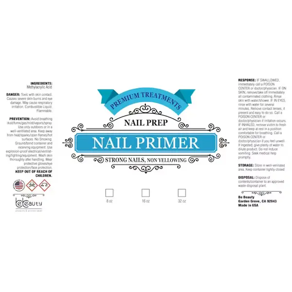 Label for the BeBeauty/Qt ACID Nail Primer 16oz with detailed text and icons indicating ingredients, benefits, and usage instructions, adorned with decorative elements in blue and white.