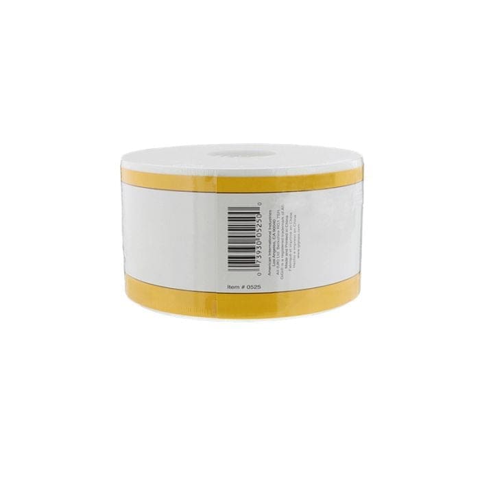 A roll of white adhesive labels with yellow borders, similar to the GiGi Cloth Epilating Roll 50 yards, showcasing a barcode on the side.