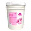 A white plastic 5-gallon bucket labeled "Hot Oil Sugar Scrub Bucket (5Gal Bucket)" with pink floral graphics and text.