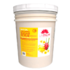 A large white 5-gallon bucket labeled "Hot Oil Sugar Scrub Bucket," with red and yellow floral graphics.