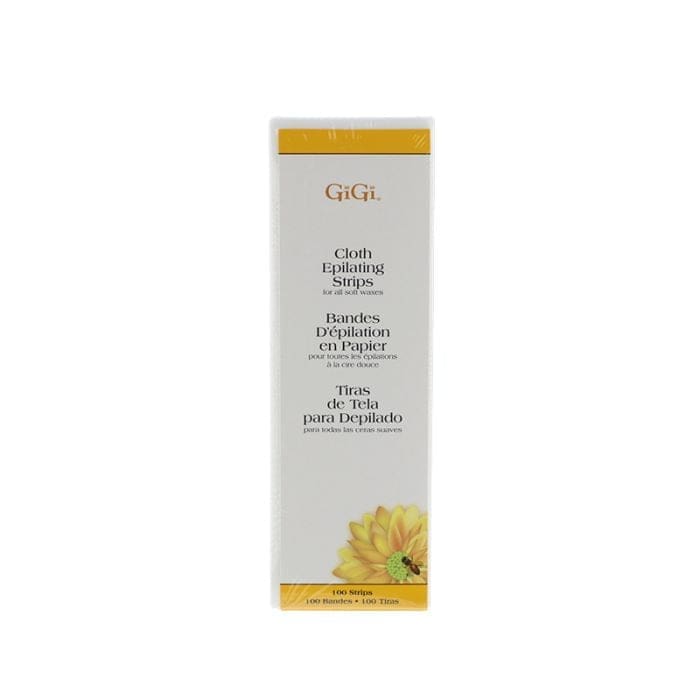 A white box of Gigi Large Cloth Epilating Strips for hair removal, labeled in English, French, and Spanish, with a yellow border and an image of a flower at the bottom.