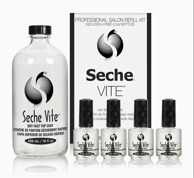 A Seche Vite Top Coat 16oz refill, featuring a large bottle and four smaller bottles displayed in front.