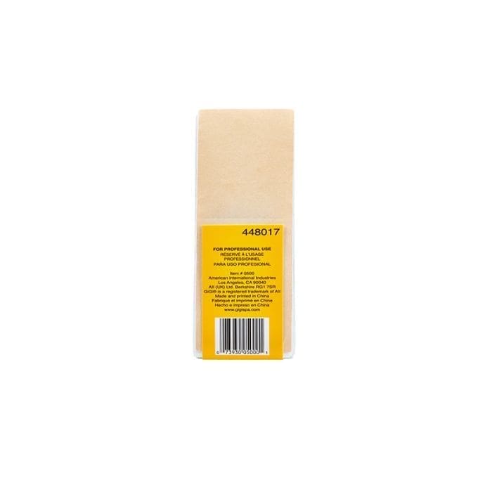 A plain rectangular product package with a yellow label on the back displaying text, a barcode, and the number 448017 contains Gigi Medium Cloth Epilating Strip.