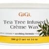 The sentence already contains the given product name, GiGi Tea Tree Creme Wax. No changes are needed:"A container of GiGi Tea Tree Creme Wax, with a soothing formula, weighing 396 grams or 14 ounces.