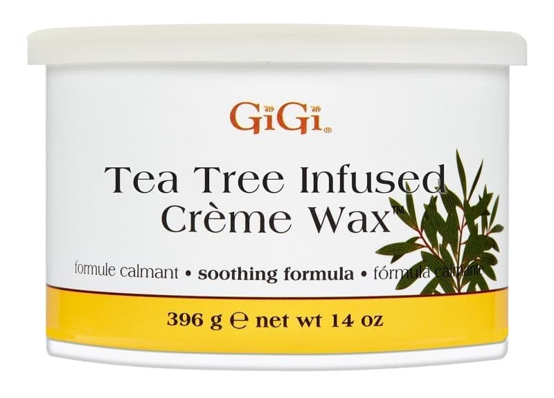 The sentence already contains the given product name, GiGi Tea Tree Creme Wax. No changes are needed:"A container of GiGi Tea Tree Creme Wax, with a soothing formula, weighing 396 grams or 14 ounces.