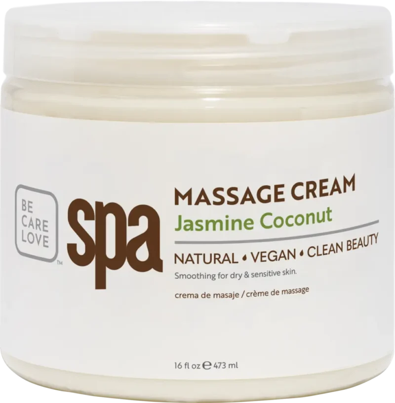 A 16 fl oz (473 ml) container of BCL Organic Spa 16oz Jasmine Coconut, labeled as natural, vegan, and clean beauty, suitable for dry and sensitive skin.