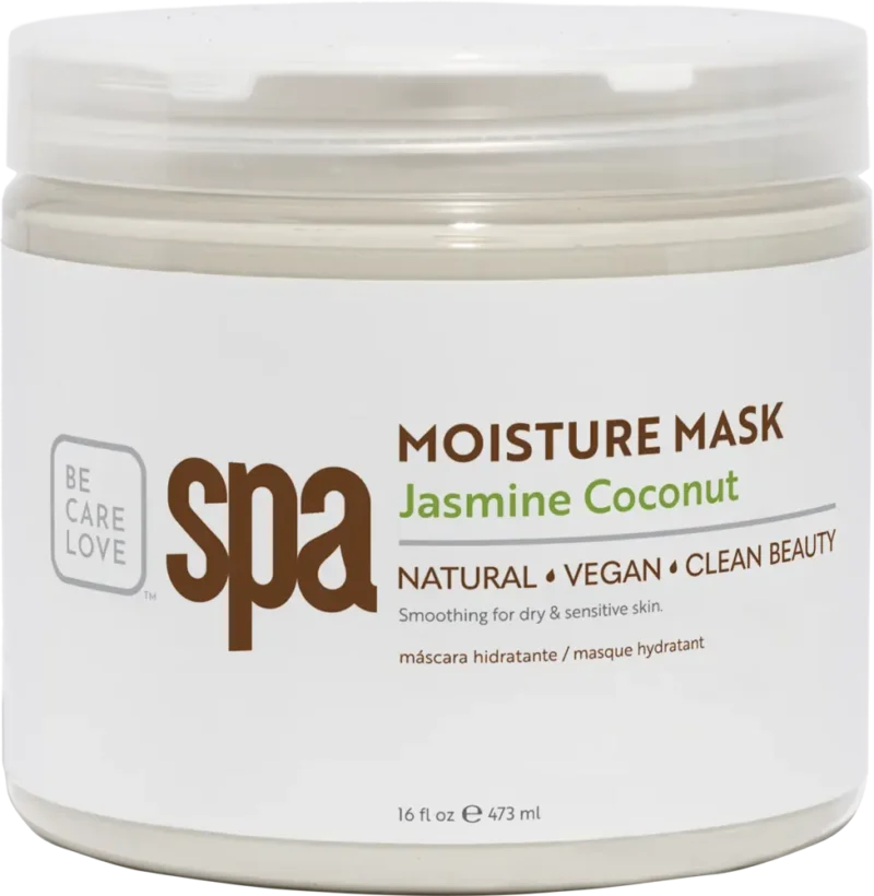 A jar labeled "BCL Organic Spa 16oz Jasmine Coconut." The text highlights that it is natural, vegan, and for clean beauty, in a 16 fl oz (473 ml) container. Provides smoothing for dry and sensitive skin.
