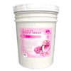 Sentence with replacement: A large white La Palm Collagen Cream Mask 5 Gallon Bucket, with pink labels featuring a lotus flower design.