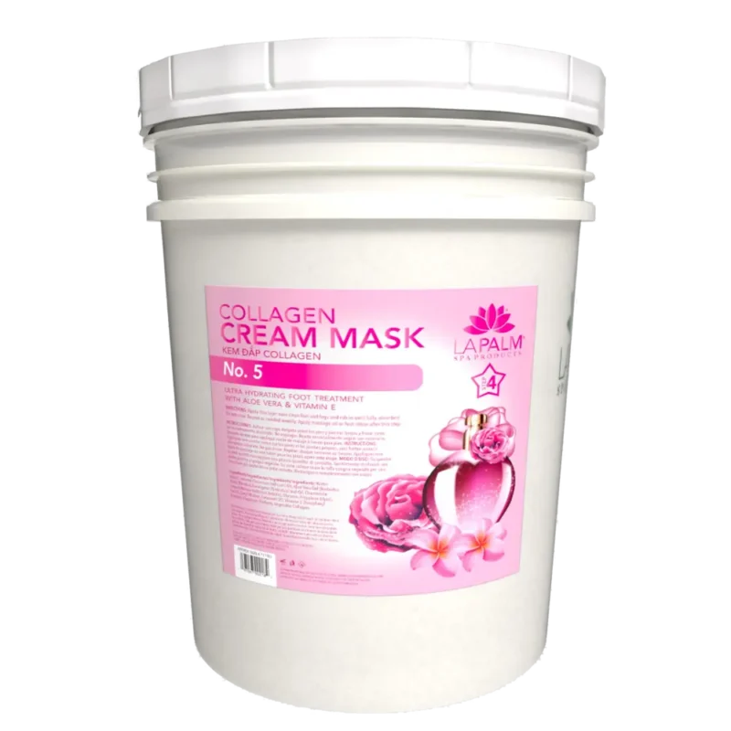 Sentence with replacement: A large white La Palm Collagen Cream Mask 5 Gallon Bucket, with pink labels featuring a lotus flower design.