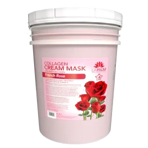 A large La Palm Collagen Cream Mask 5 Gallon Bucket, depicted with a pink label and images of roses on a white background.