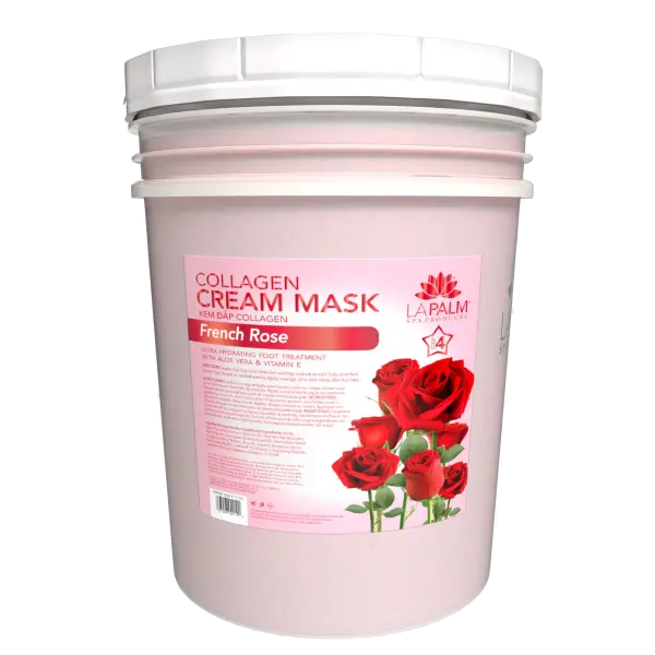 A large La Palm Collagen Cream Mask 5 Gallon Bucket, depicted with a pink label and images of roses on a white background.